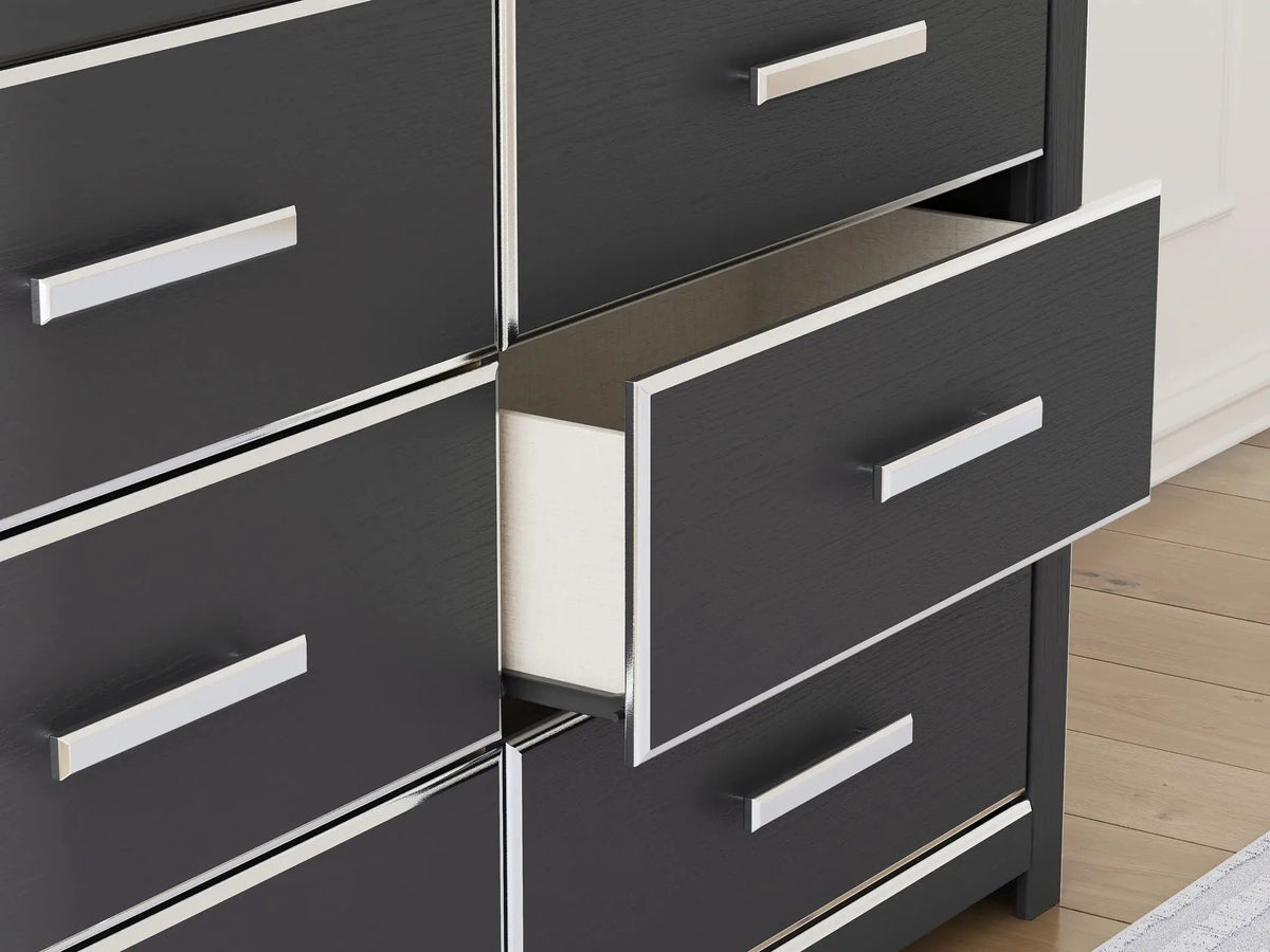 Zuraleus Six Drawer Dresser | Large-Scale Handles | Chrome-Tone Details | Glam Style