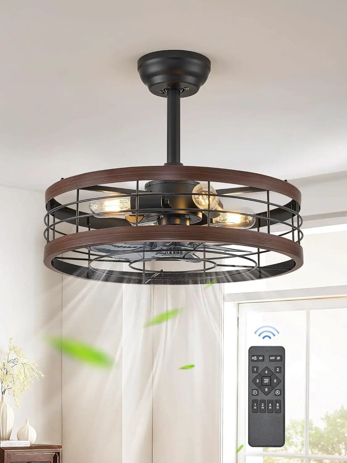 20 Inch Walnut Caged Fandelier Ceiling Fan With Light And Remote Control 6 Speeds With Timing from PriceLows™
