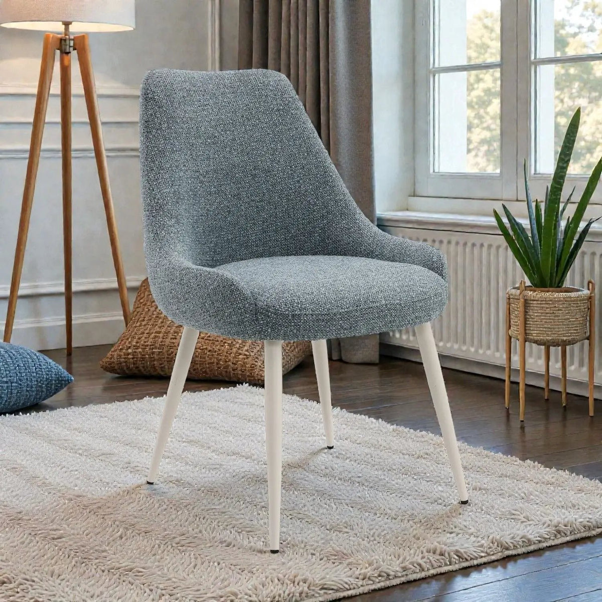 Boucle Side Chair | Light Blue Upholstery | Bone White Pedestal Base | Plush Padded Seat