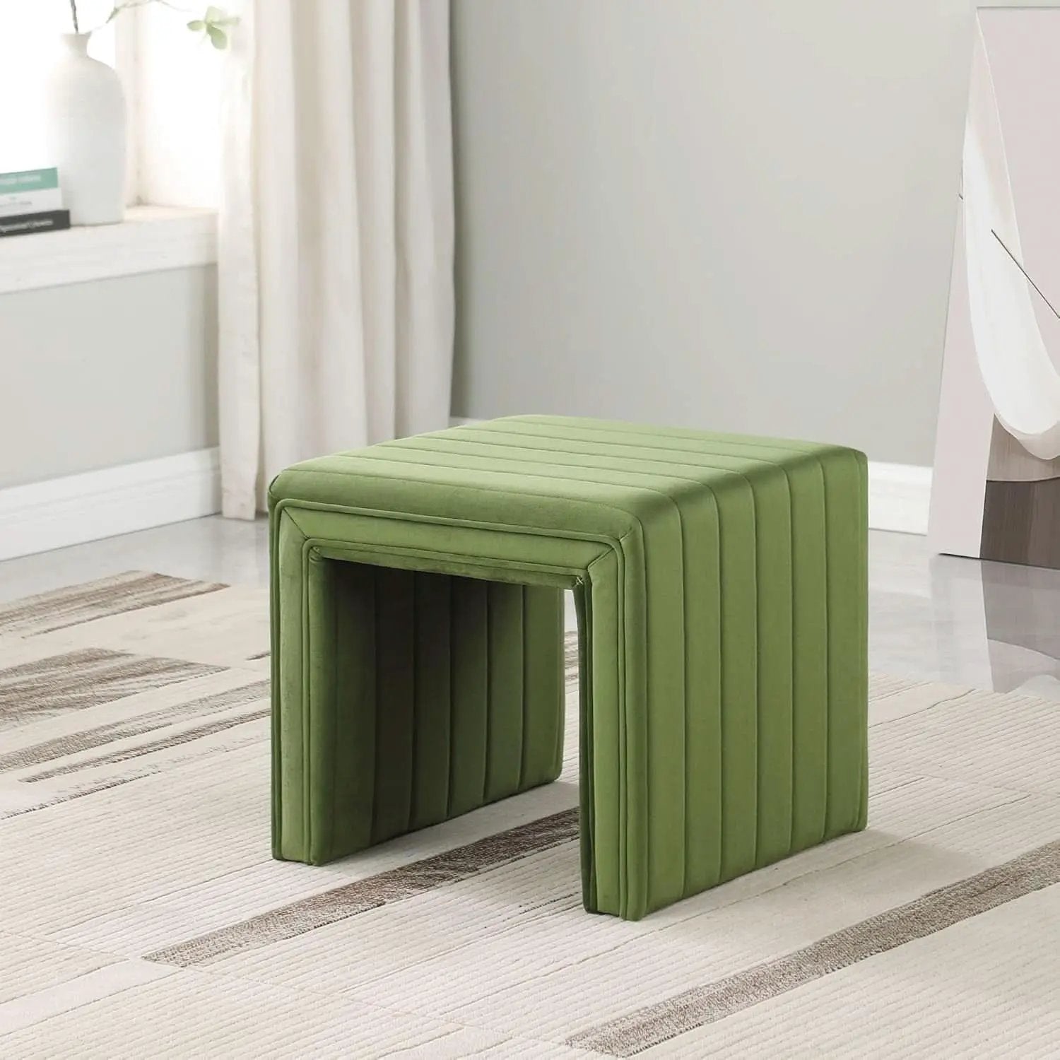 Green Velvety Tufted Ottoman Footstool 18.5 Inches from PriceLows™