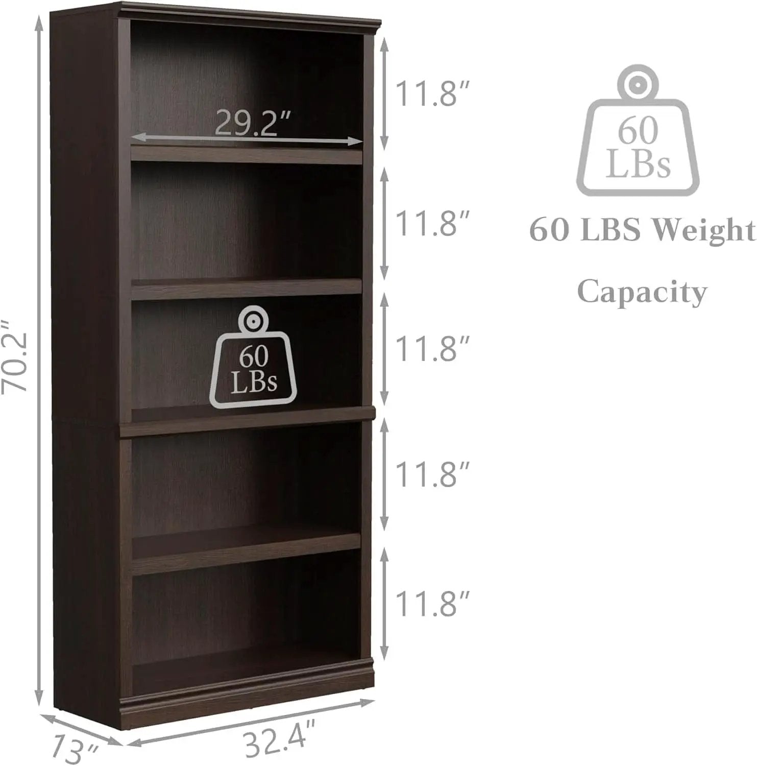 Bevfint 70 Inch Dark Cherry 5 Tier Floor Standing Bookcase from PriceLows™