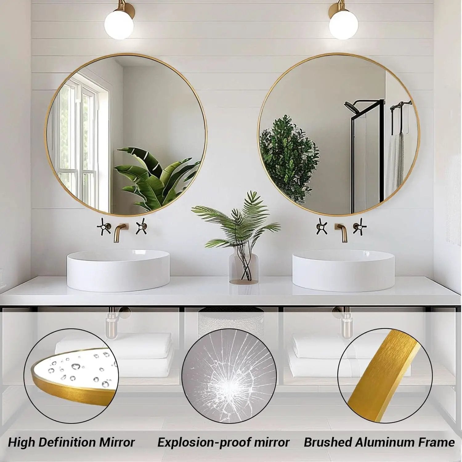 24 Inch Gold Round Mirror Shatterproof For Bathroom Hallway from PriceLows™