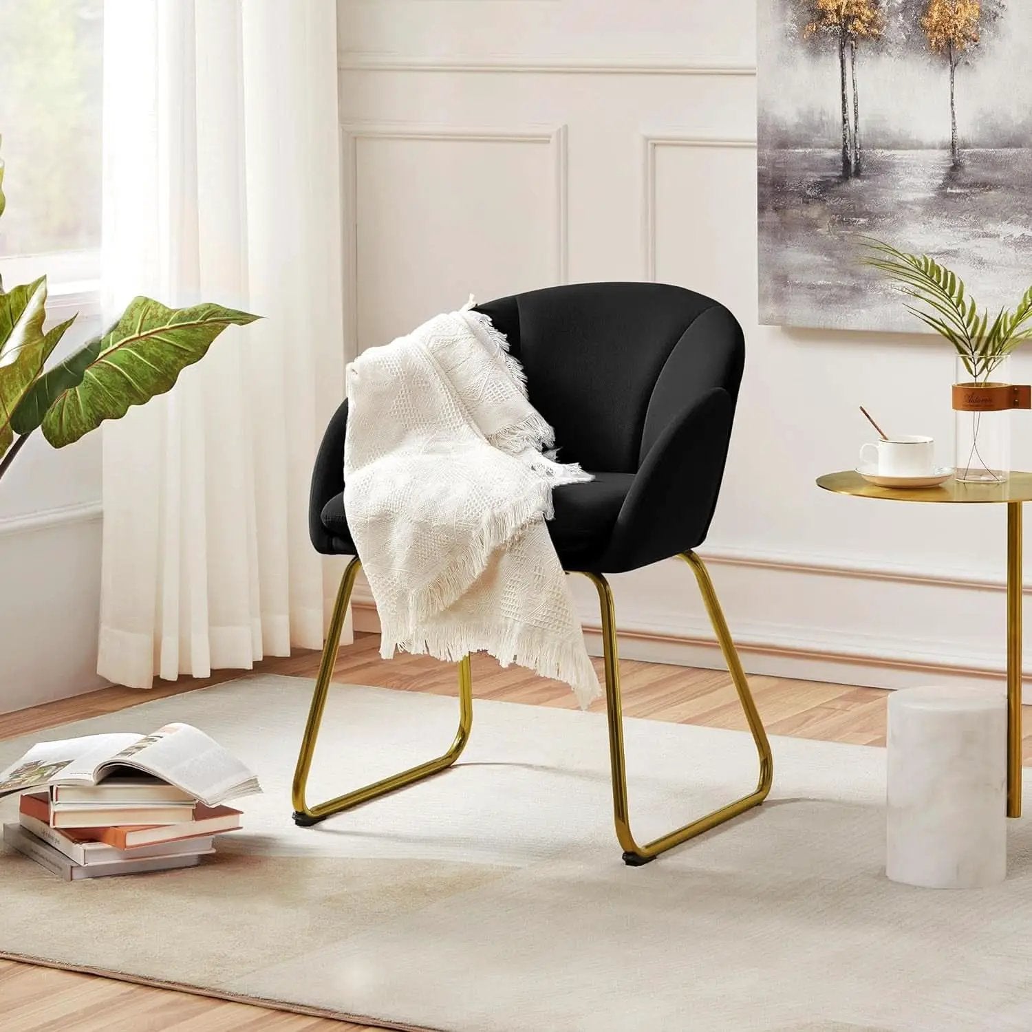 Modern Black Velvet Flower Armchair With Gold Legs from PriceLows™