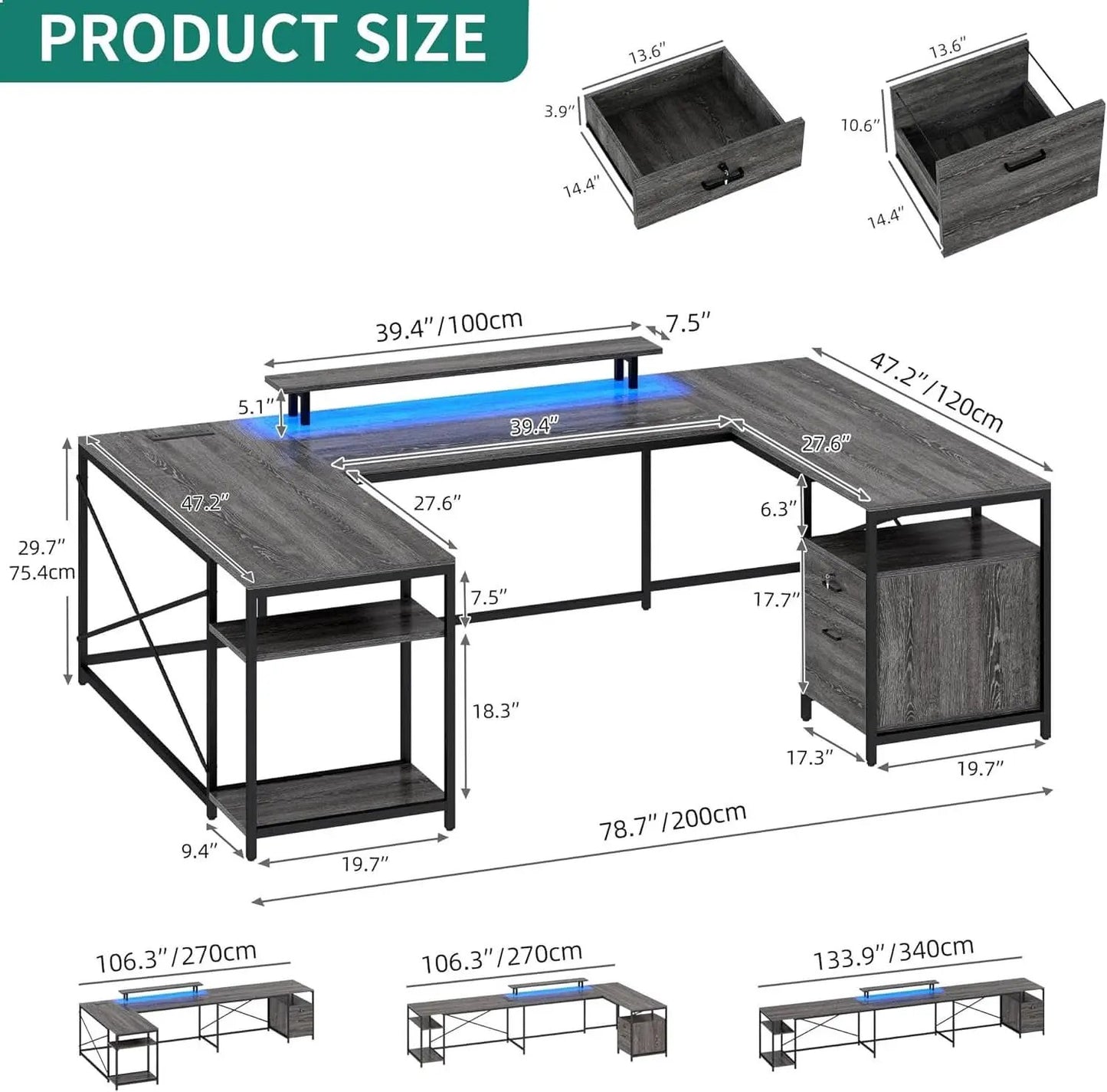 U Shaped Desk 79 Inch Power Outlets And Led Lights Grey from PriceLows™