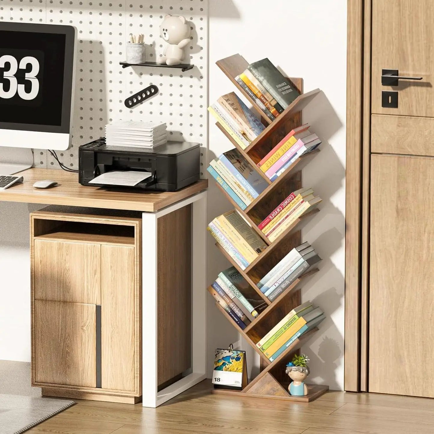 10 Tier Tree Bookshelf Brown Wood Floor Standing Bookcase For Living Room Decor Storage from PriceLows™