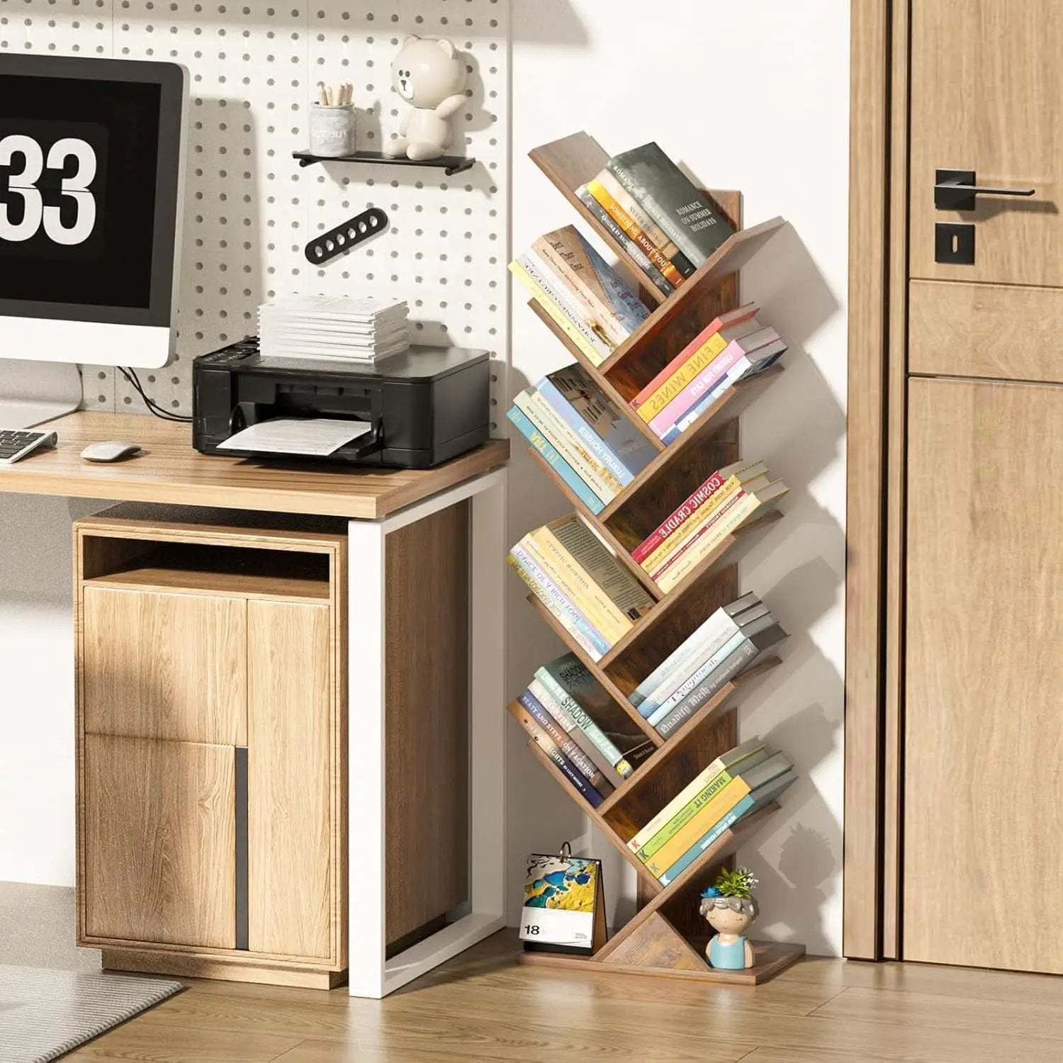 10 Tier Tree Bookshelf Brown Wood Floor Standing Bookcase For Living Room Decor Storage from PriceLows™