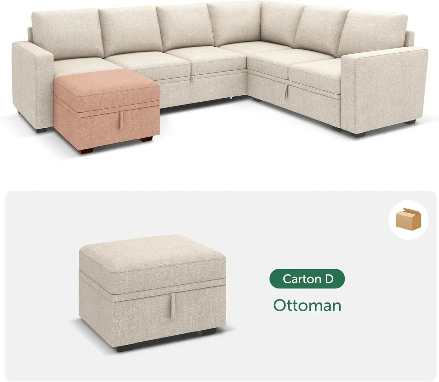 Beige Textured Storage Ottoman For Sectional Sleeper from PriceLows™