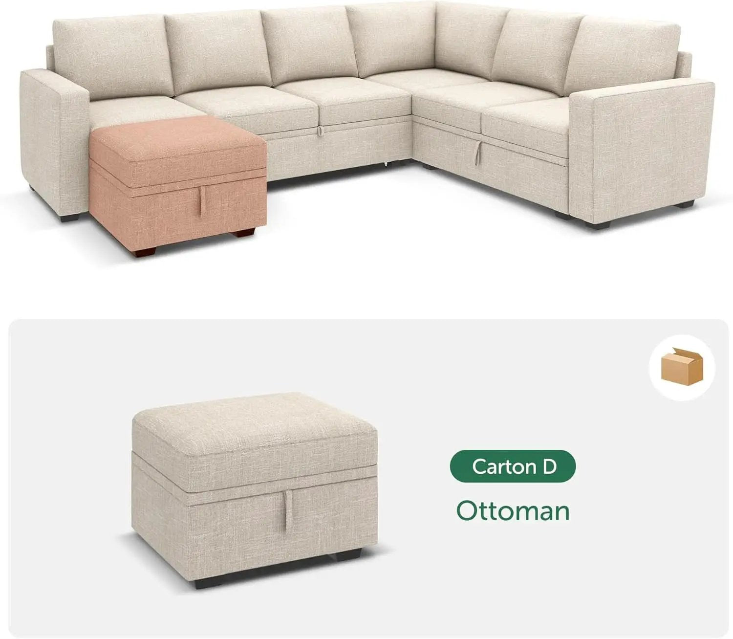 Beige Textured Storage Ottoman For Sectional Sleeper from PriceLows™