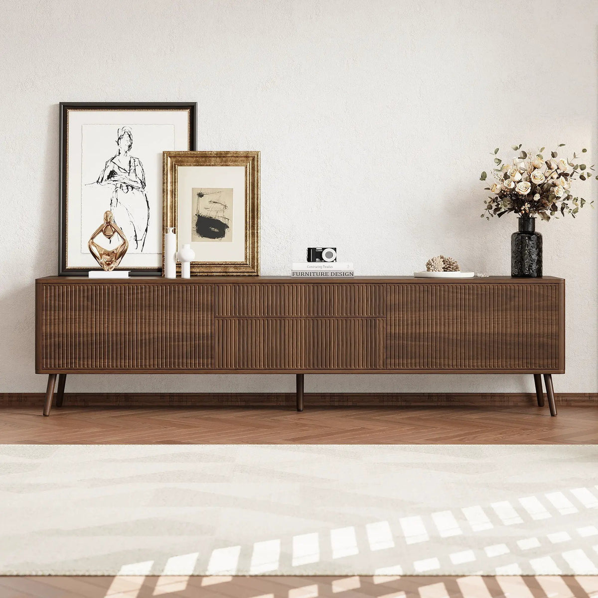 TV Stand | Fluted Cabinet | Soft Close Hinges | Walnut Finish