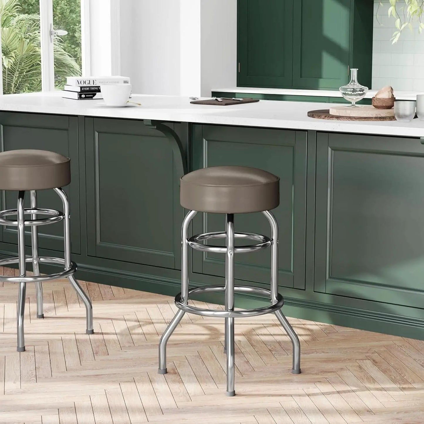 Bruno 2 Pack Chrome Bar Stools Beige Seats Swivel Set from PriceLows™