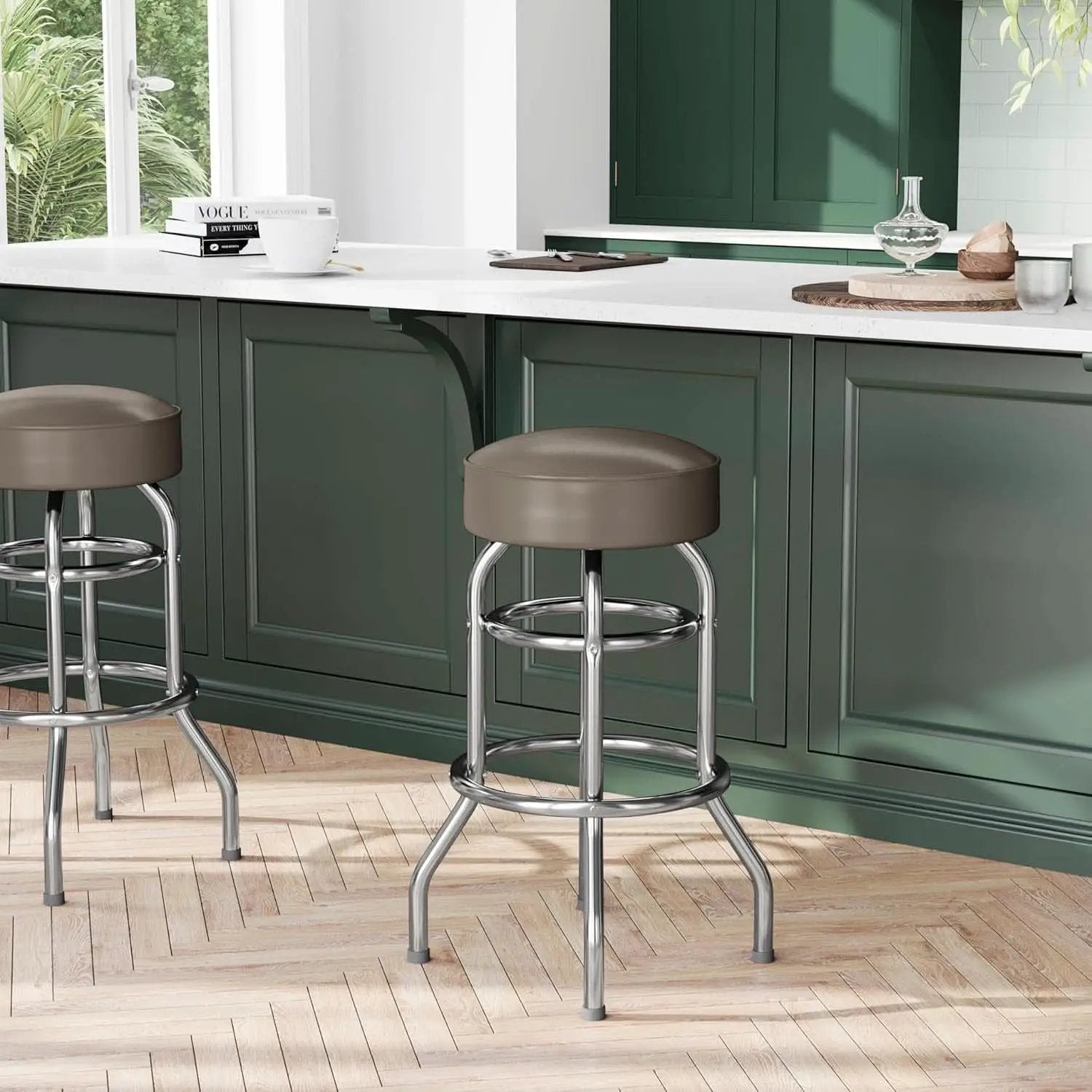 Bruno 2 Pack Chrome Bar Stools Beige Seats Swivel Set from PriceLows™
