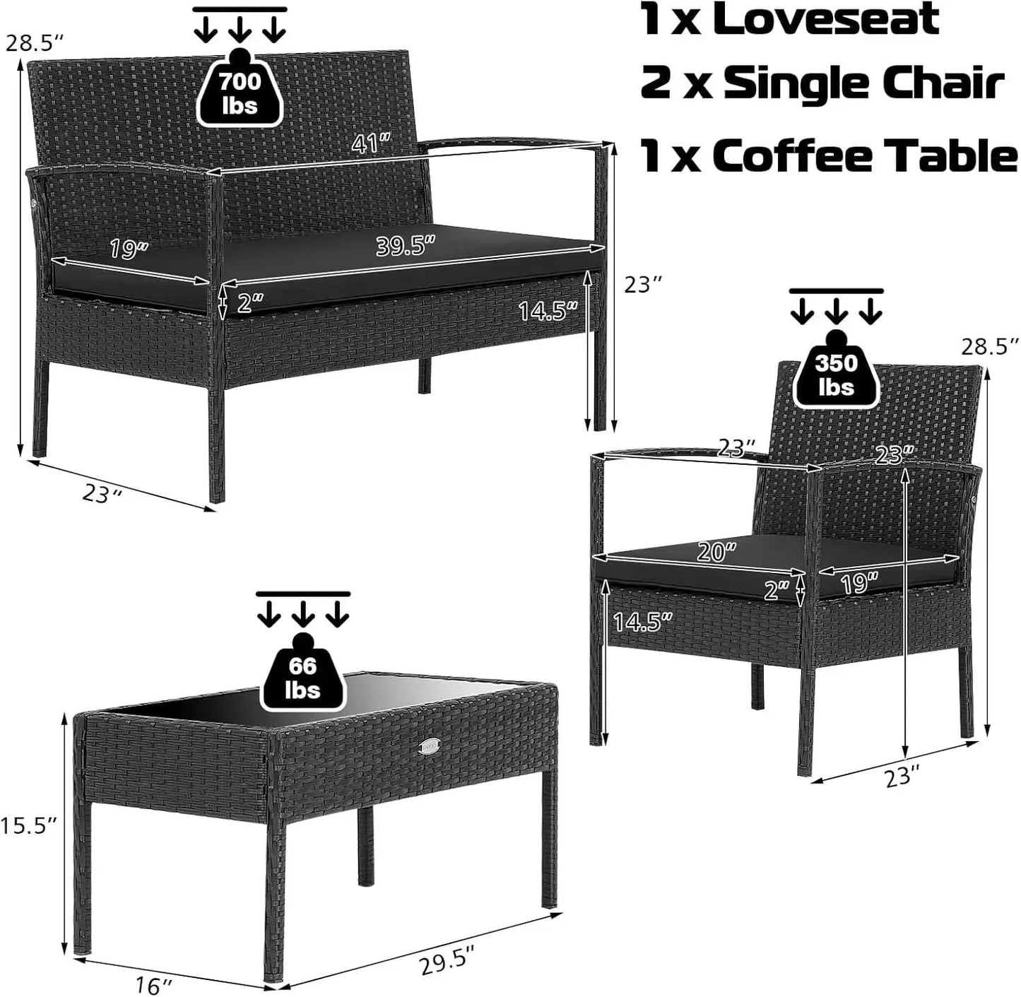 4 Piece Patio Rattan Conversation Set Glass Coffee Table from PriceLows™