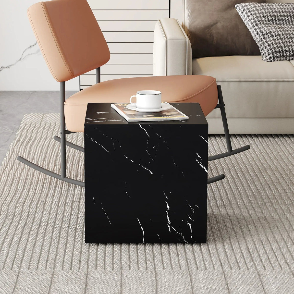 Luxurious Marble Texture Coffee Table Cube Design Elegant Living Room Accent - | 15.7 x 15.7 x 15.7 in | Marble & Mdf | Black