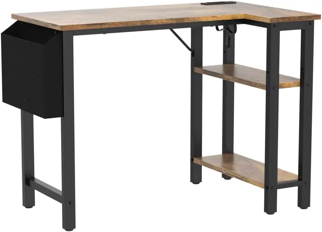 40 Inch L Shaped Desk With Power Outlet And Shelves Rustic Brown from PriceLows™