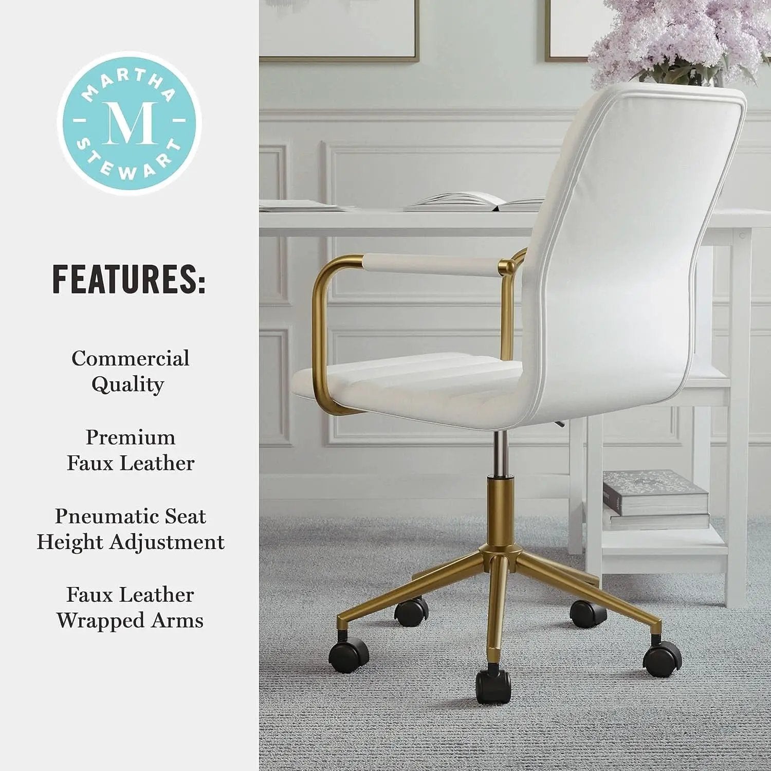 Taytum Swivel Task Chair White Faux Leather Brass Frame from PriceLows™