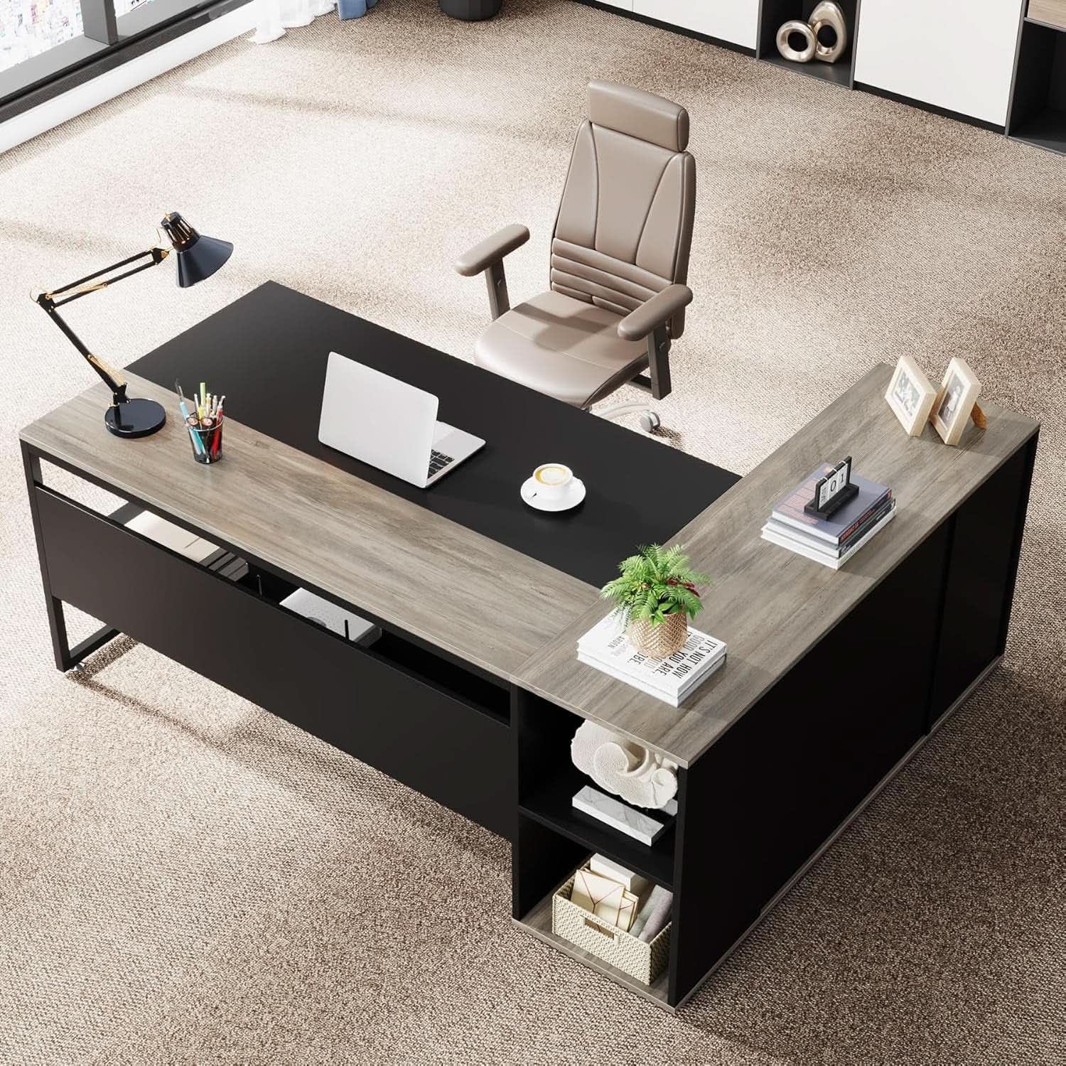 71 Inch Gray L Shaped Desk With Cabinet Storage For Home Office from PriceLows™
