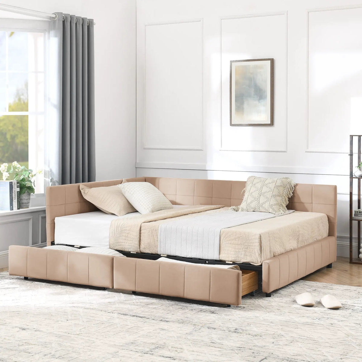Mid-Century Storage Bed Frame | Upholstered Tufted Design | Backrest And Armrests | Bed Or Sofa Use