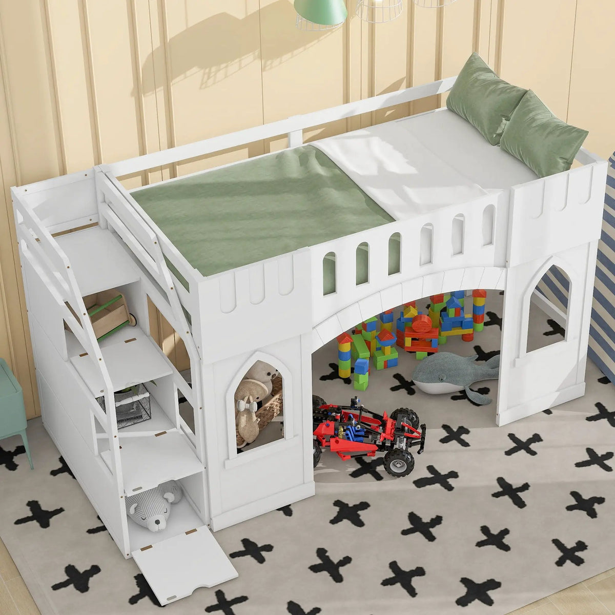 Kids Wooden Loft Bed | Storage Staircase | Dual Windows