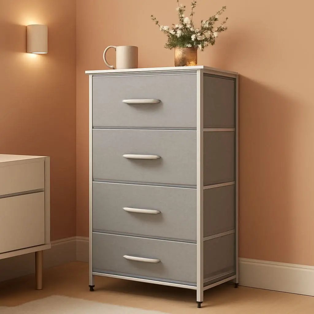 Light Grey Fabric 4 Drawer Dresser With Wood Top Storage from PriceLows™
