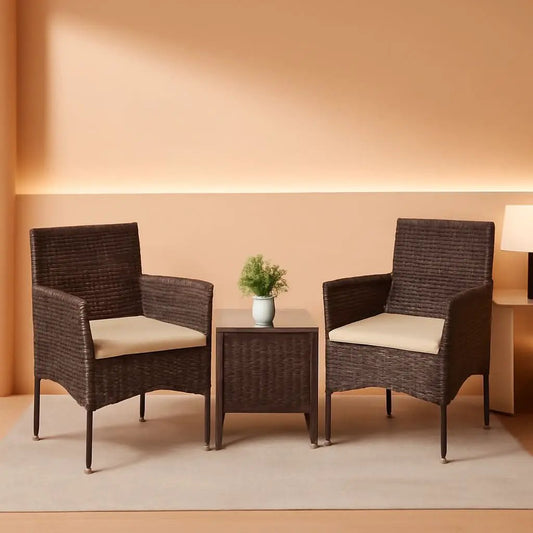3 Piece Patio Dining PE Rattan Wicker Chair Set With Cushions And Glass Coffee Table Outdoor Brown Beige from PriceLows™