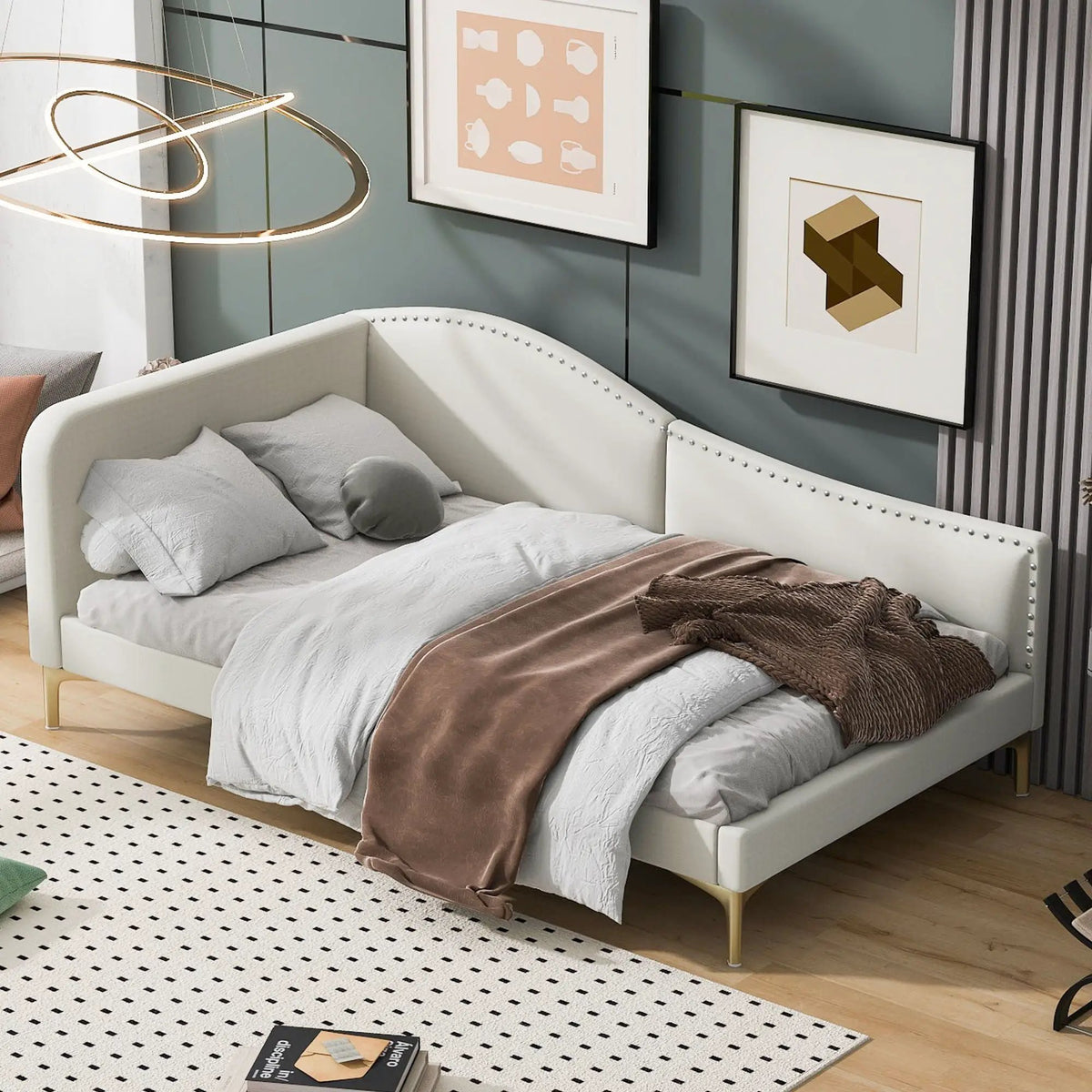 Upholstered Daybed | Headboard And Armrest | Support Legs | 80.5 Inch Length