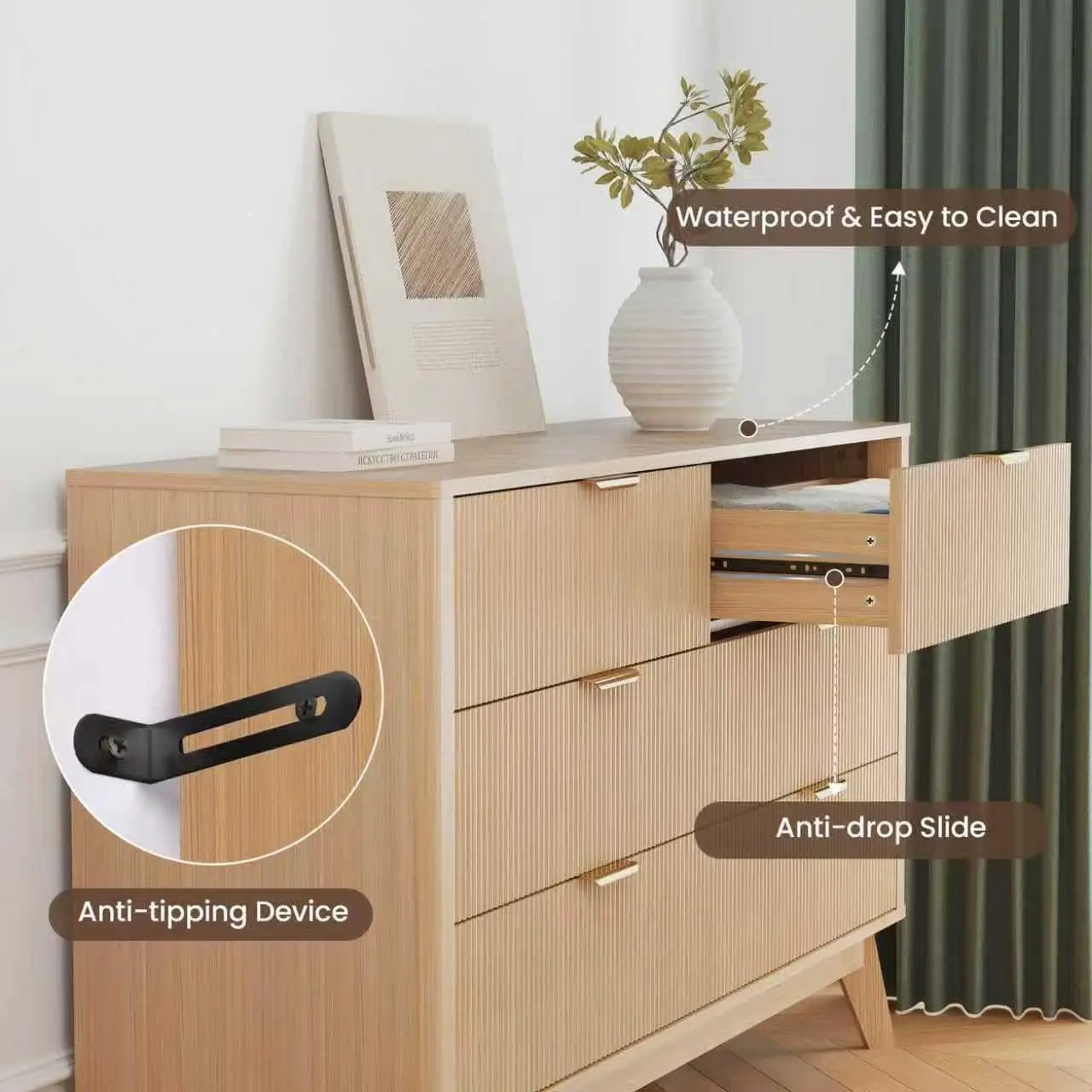 Fluted 49Inch Serpentine Dresser Oak Finish Contemporary from PriceLows™
