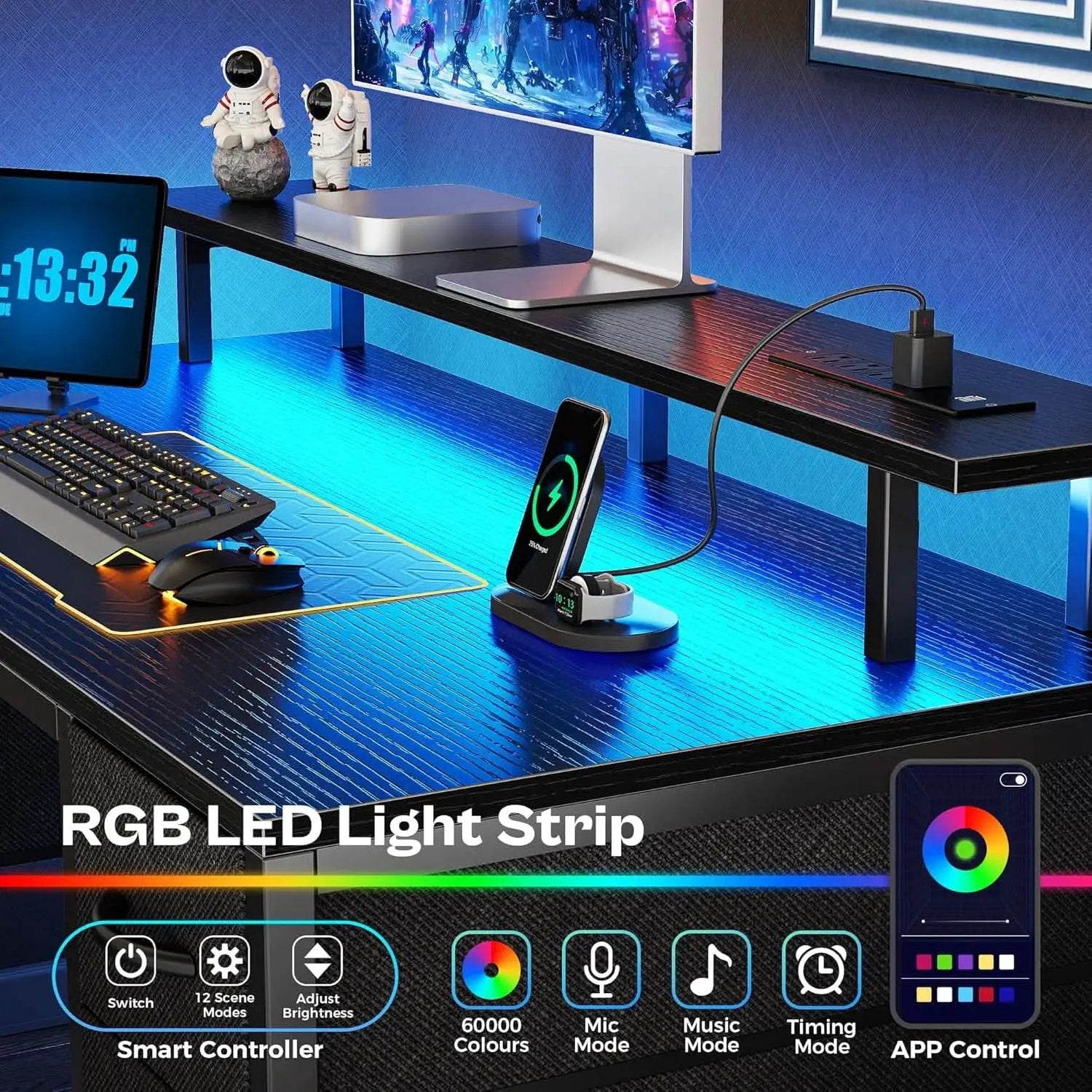 47 Inch Computer Desk With 4 Drawers And LED Lights Black from PriceLows™