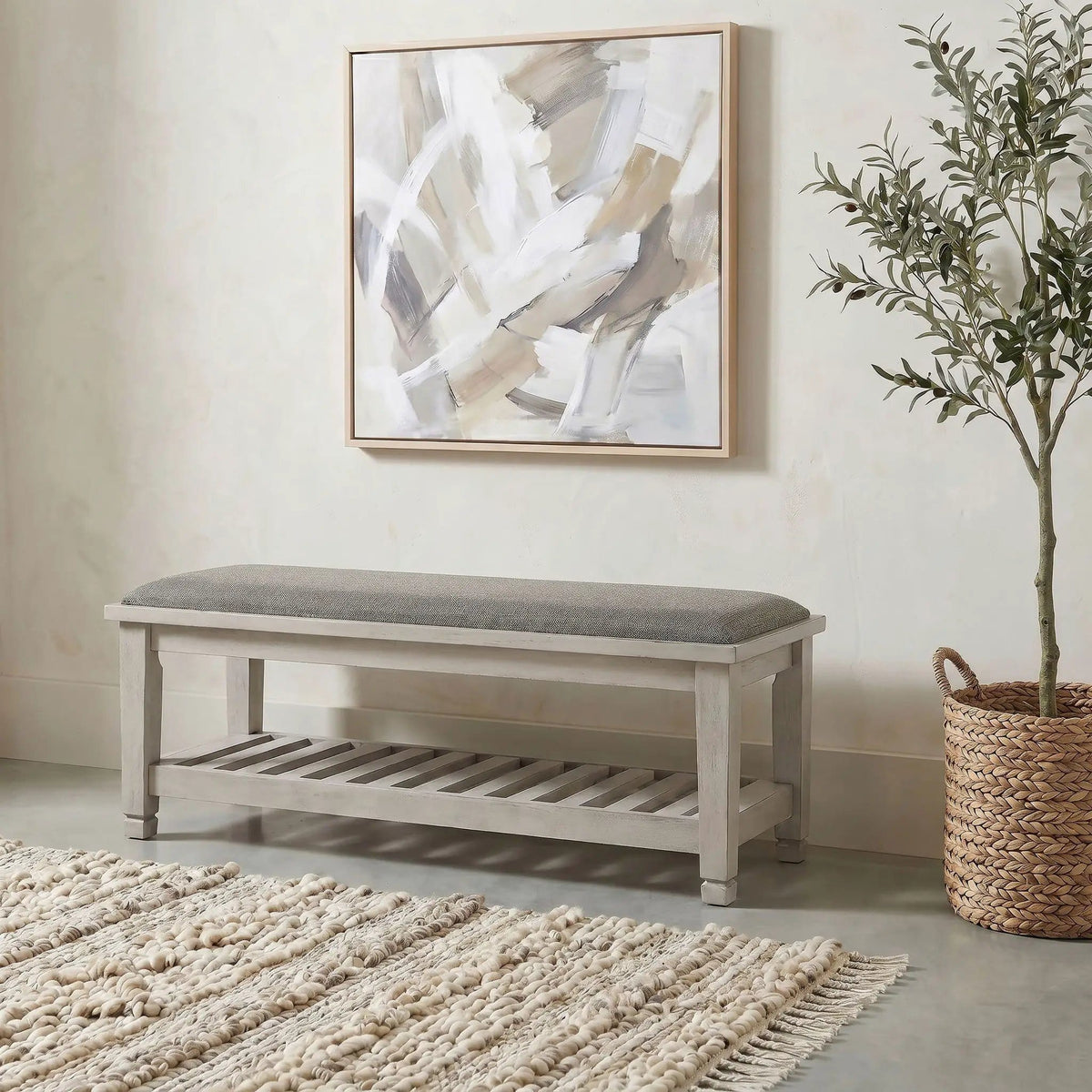 Franco Fabric Upholstered Bench with Shelf Distressed | 50.5 x 17.75 x 18.5 in | Fabric | White