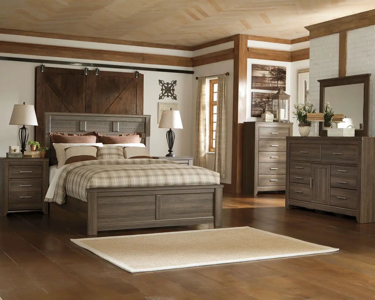 Juararo Panel Bedroom Set | 4-Piece | Aged Brown Rough Sawn Finish | Pewter Hardware