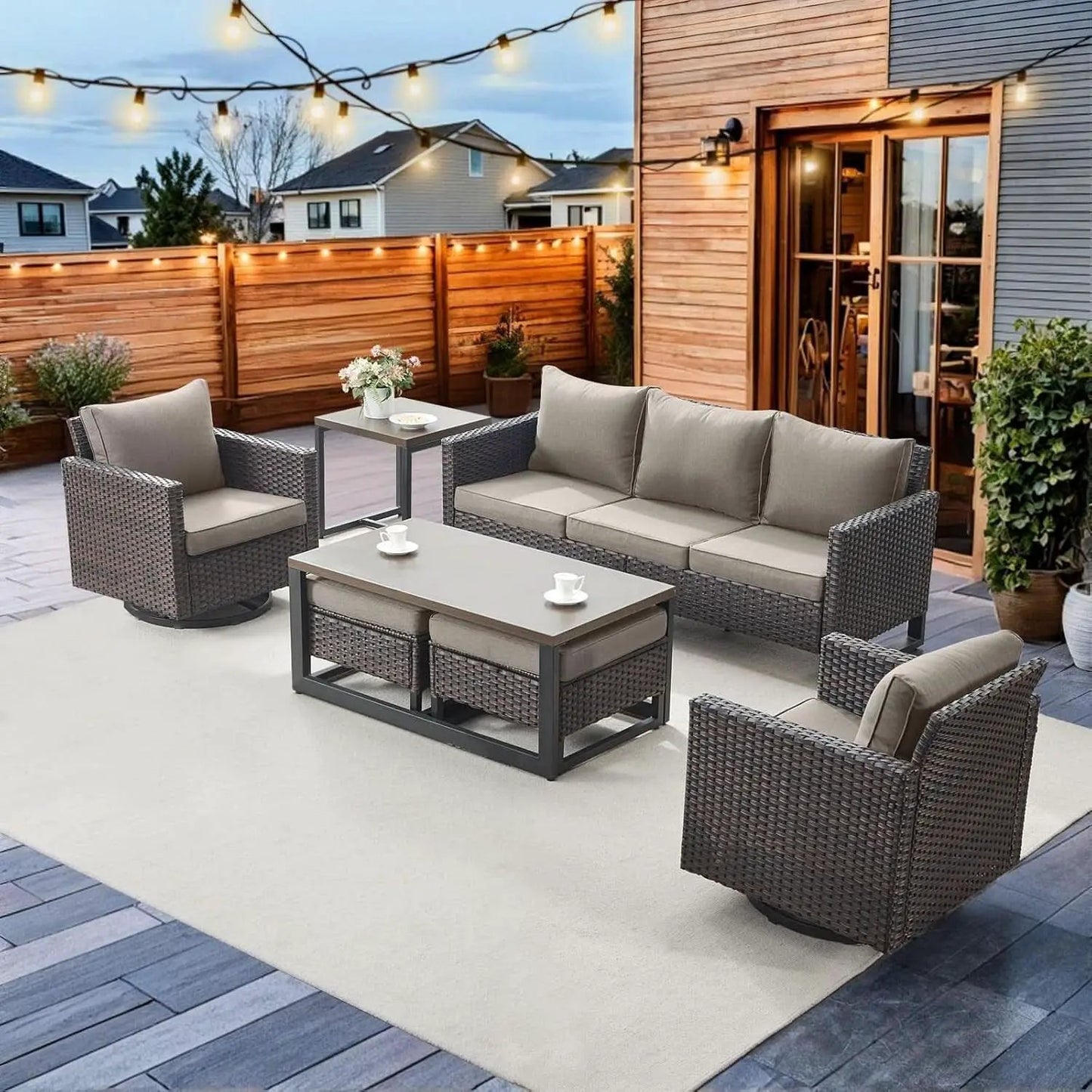 Seven Piece Outdoor Wicker Patio Furniture Set With Swivel Rockers from PriceLows™