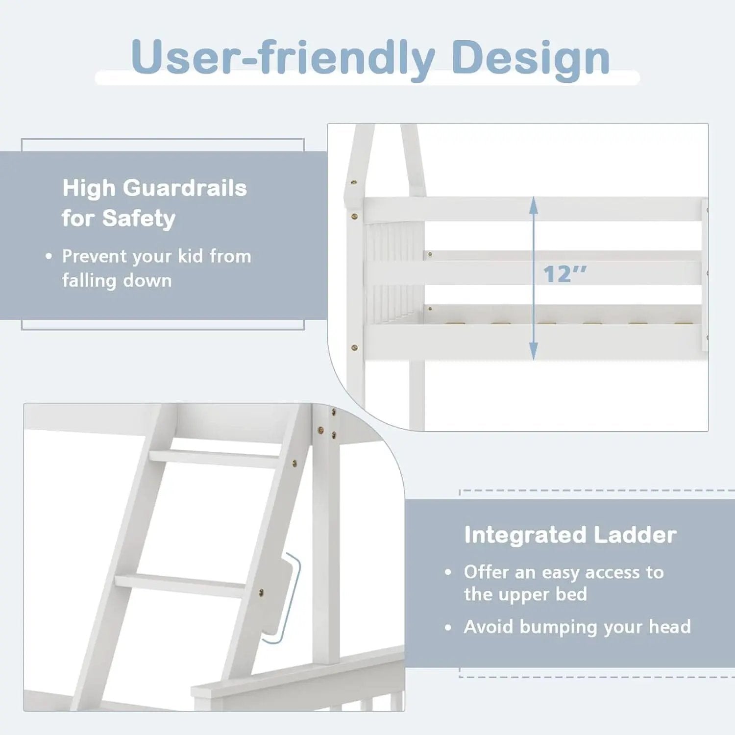 Solid Wood Twin Over Full Bunk Bed White With Guardrails from PriceLows™