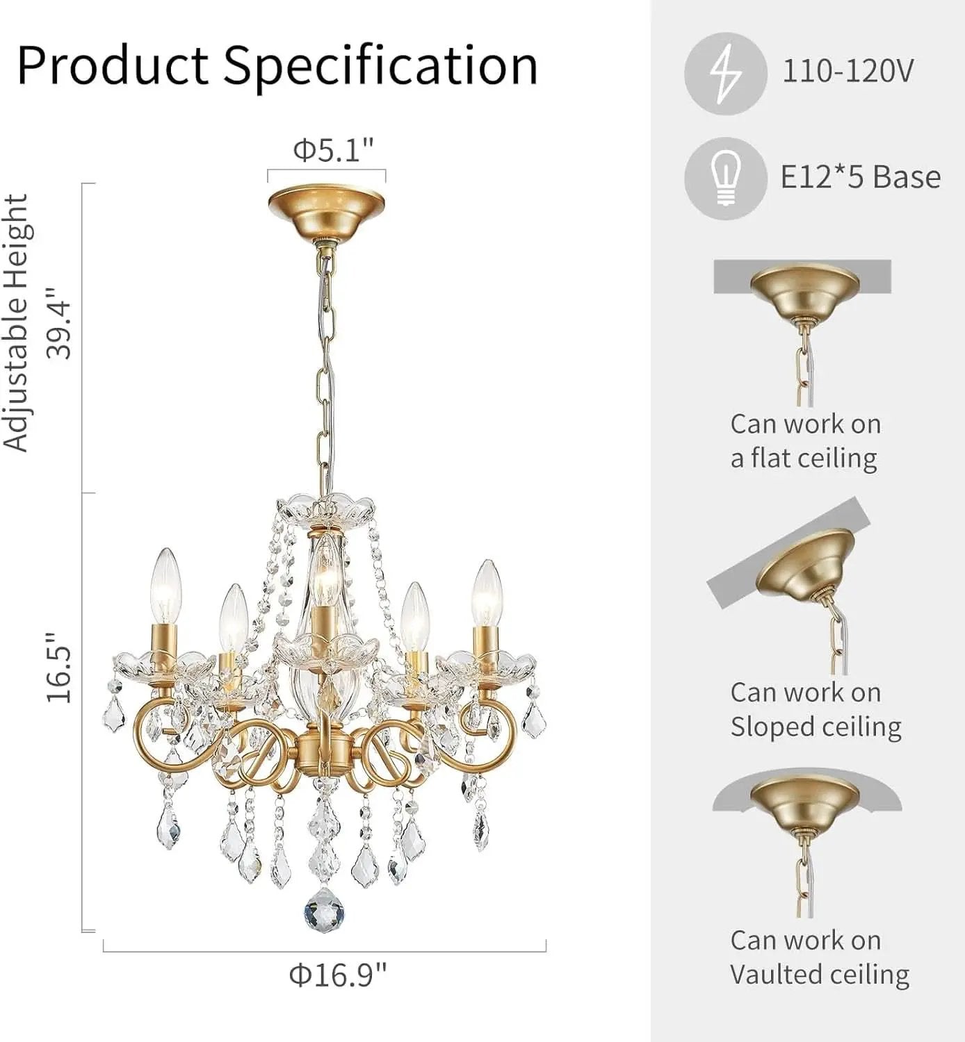 Gold Mini Crystal Chandelier With Five Bulbs Living Room from PriceLows™