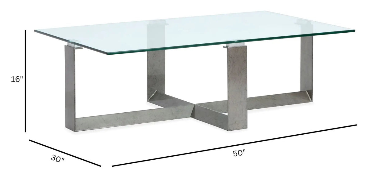 Holden Rectangular End Table | Aged Pewter Metal Frame | Tempered Glass Top | Triangular Base