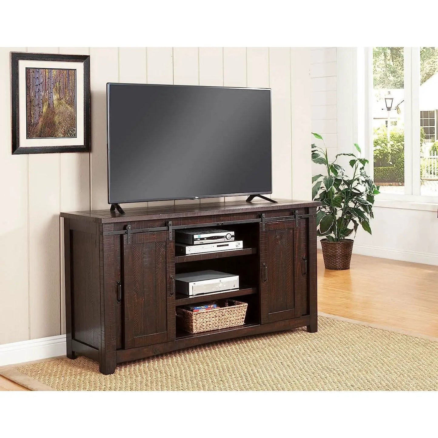 Espresso TV Stand With Sliding Barn Doors Solid Pine from PriceLows™