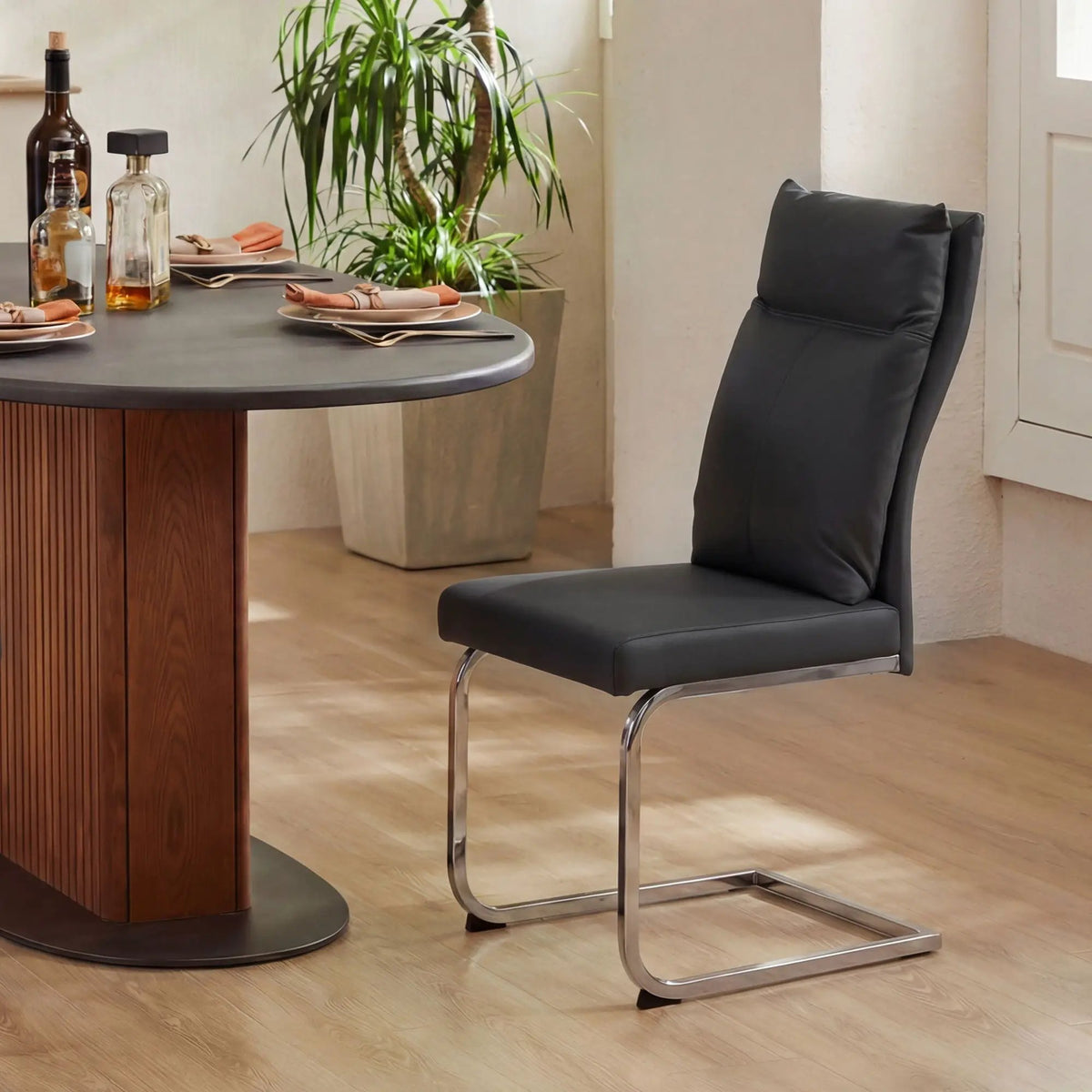 Modern Dining Chairs | Set Of 2 | Soft Cushion Backrest | C-Shaped Chrome Base