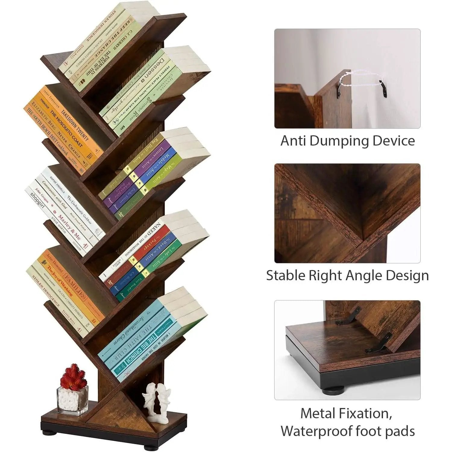 8 Tier Tree Bookshelf Floor Standing Bookcase For Books CDs Rustic Wood from PriceLows™