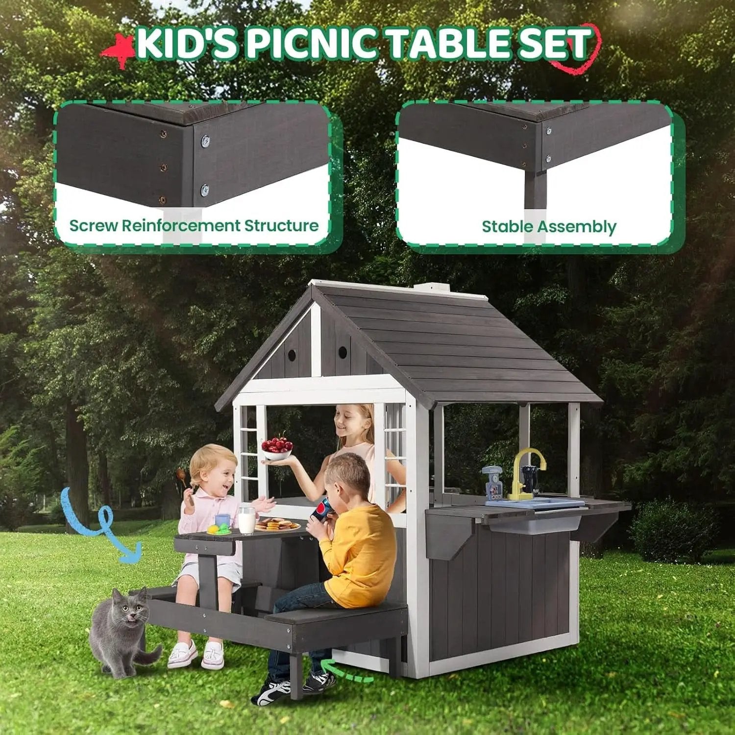 Wooden Outdoor Playhouse Gray White Integrated Sink from PriceLows™