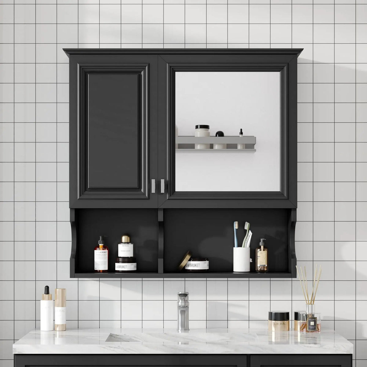 Wall Mounted Mirror Medicine Cabinet | 30 Inch Width | Doors And Open Shelves | Adjustable Shelf
