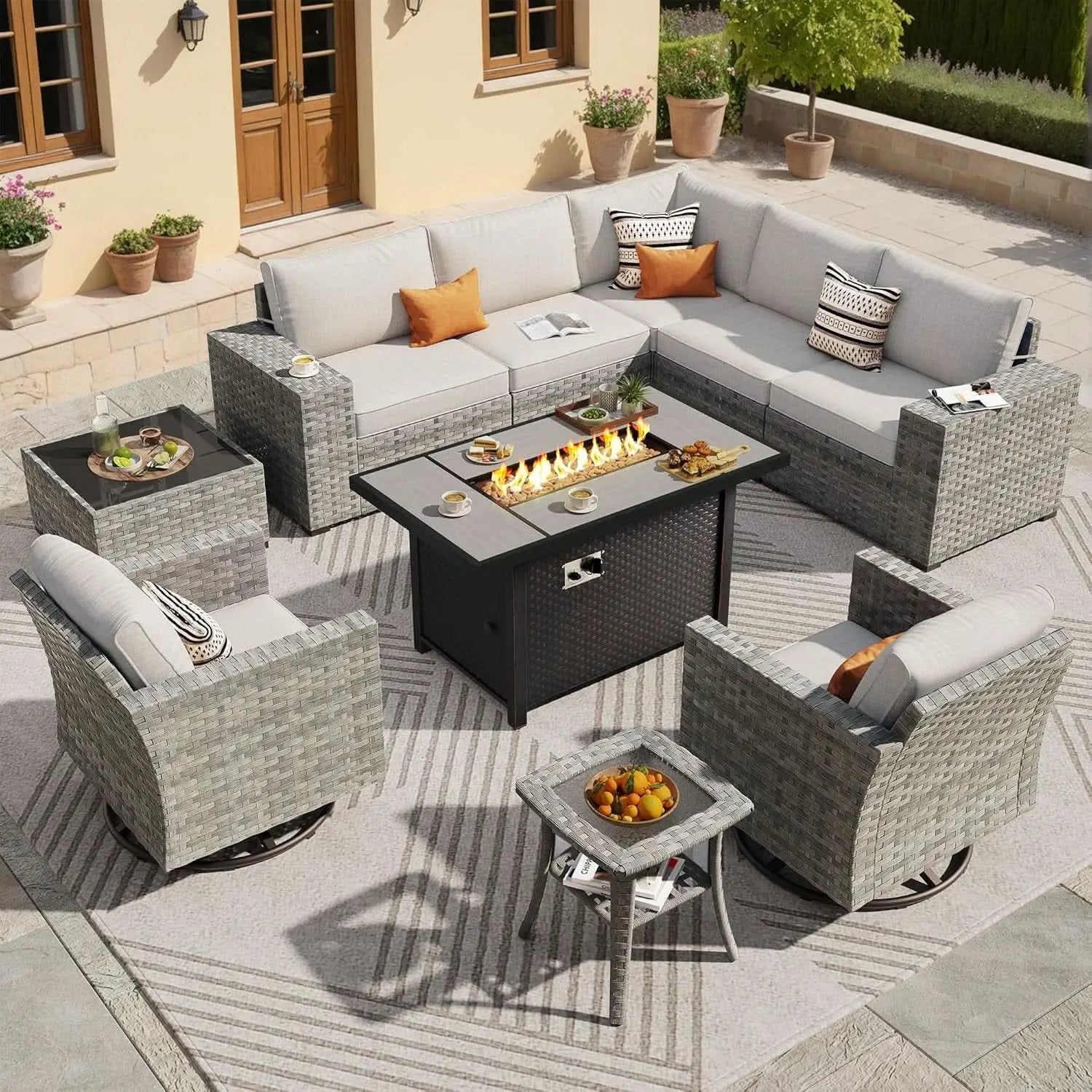 10 Piece Outdoor Wicker Sectional Sofa Set with Fire Pit from PriceLows™