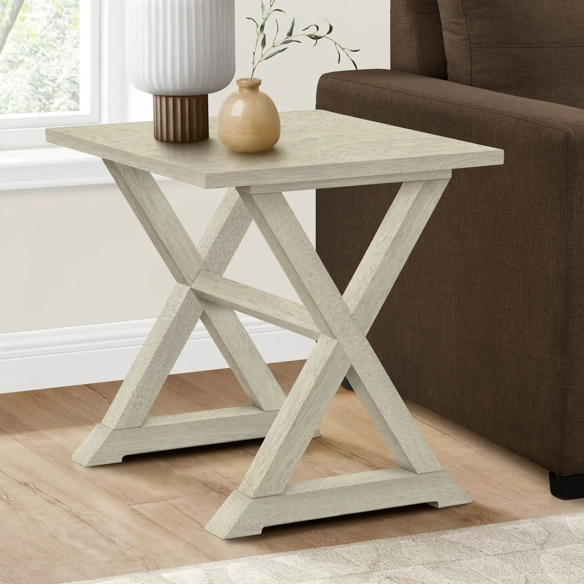 Compact Square Accent End Table | Transitional Style | Solid Wood Trestle Base | Veneer Top
