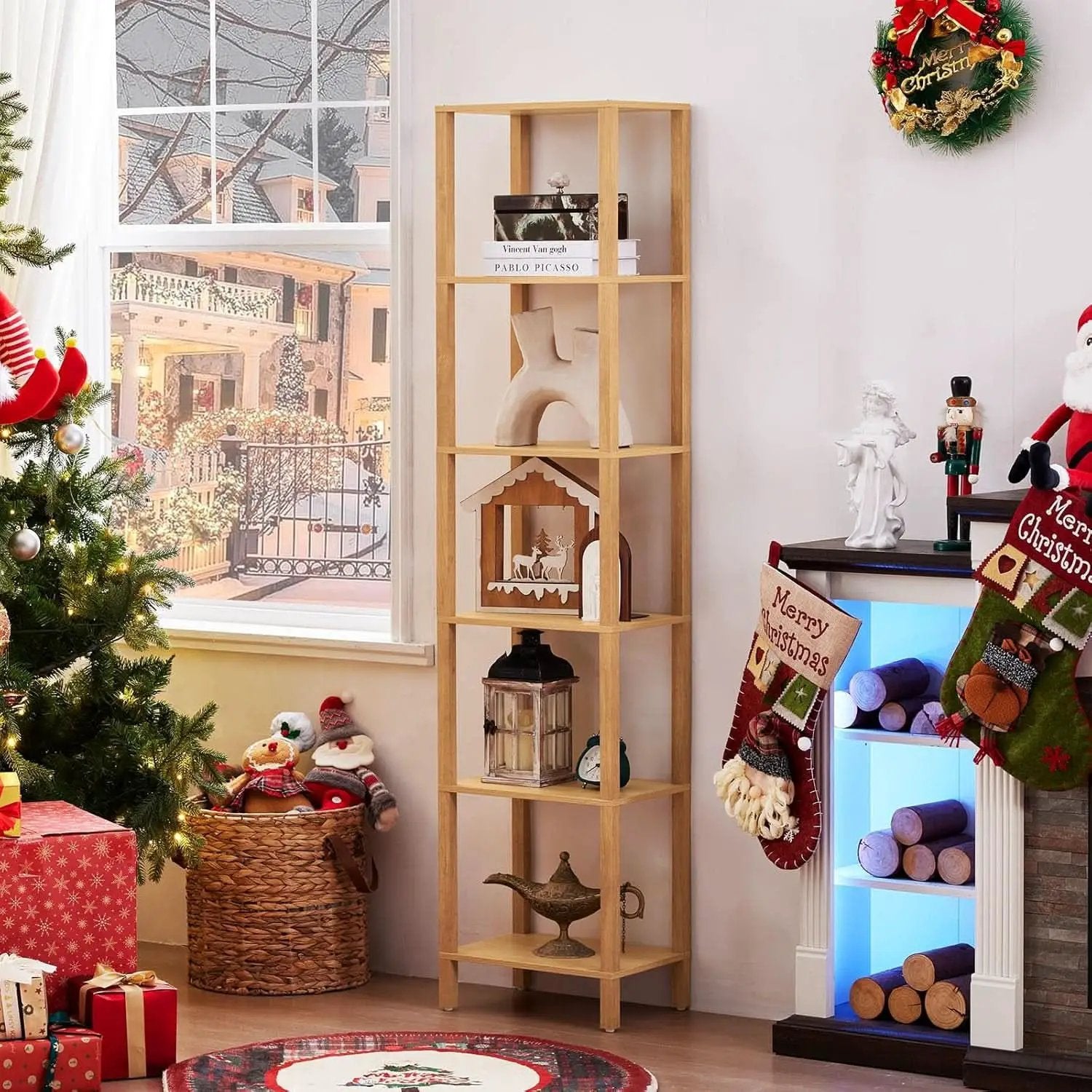 66In Tall 6 Tier Narrow Wood Bookcase Slim Shelf Living Room from PriceLows™