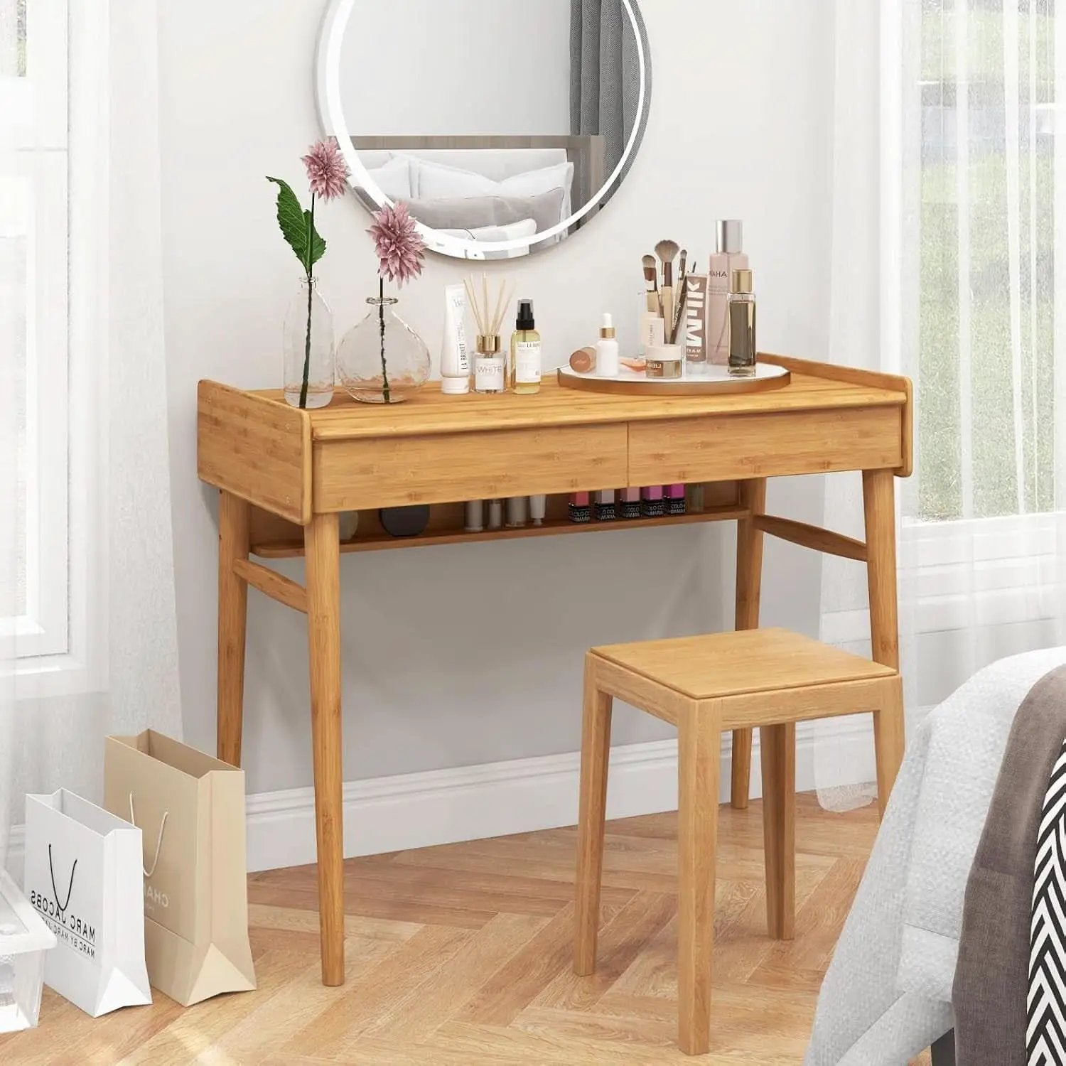 Bamboo Computer Desk with Drawers and Open Shelf from PriceLows™
