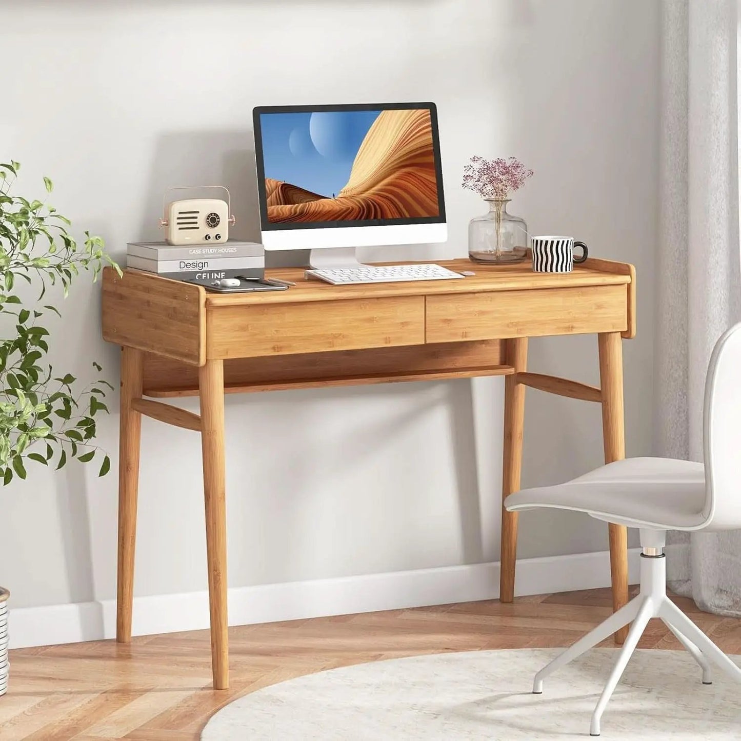 Bamboo Computer Desk with Drawers and Open Shelf from PriceLows™