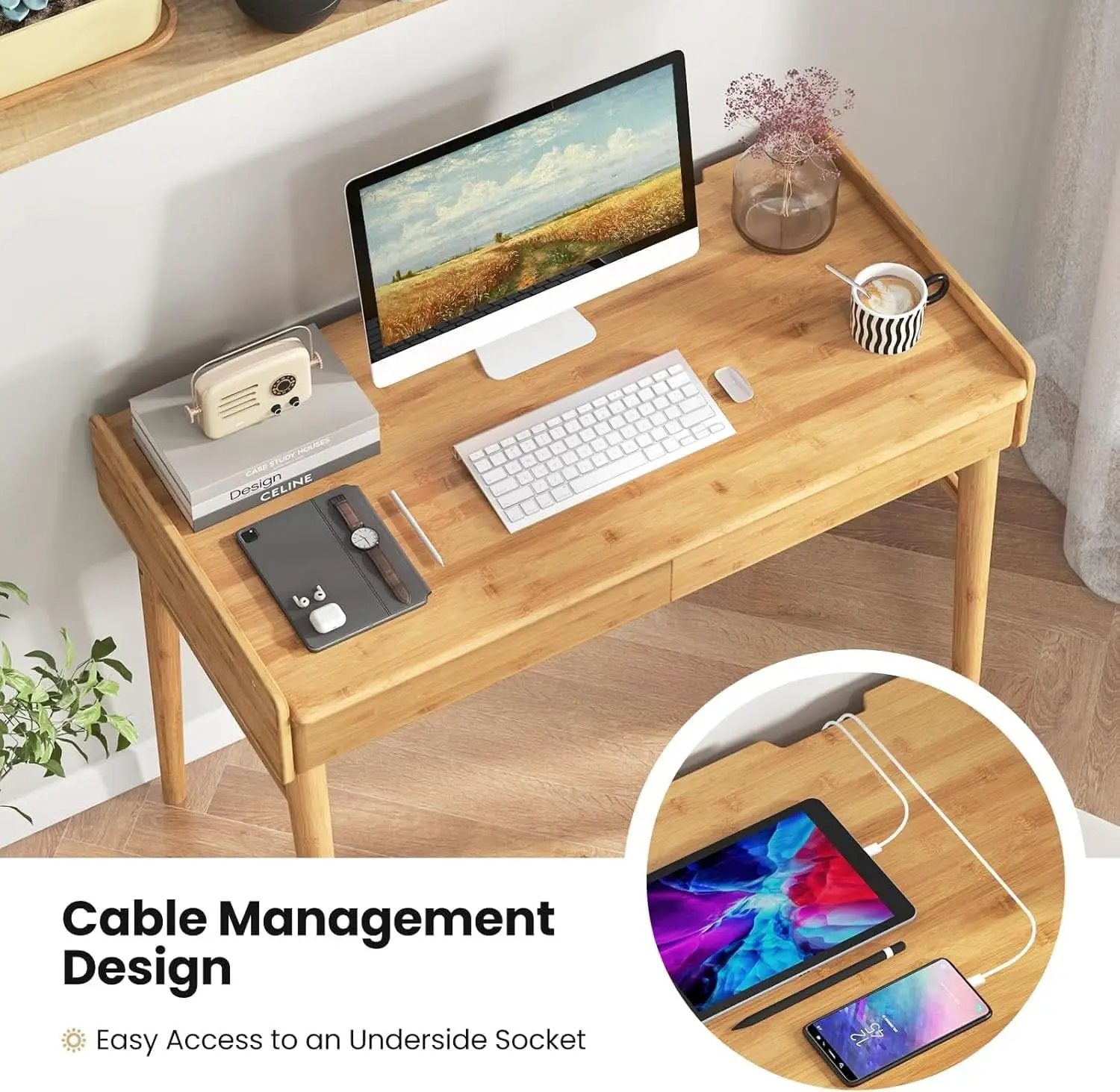 Bamboo Computer Desk with Drawers and Open Shelf from PriceLows™
