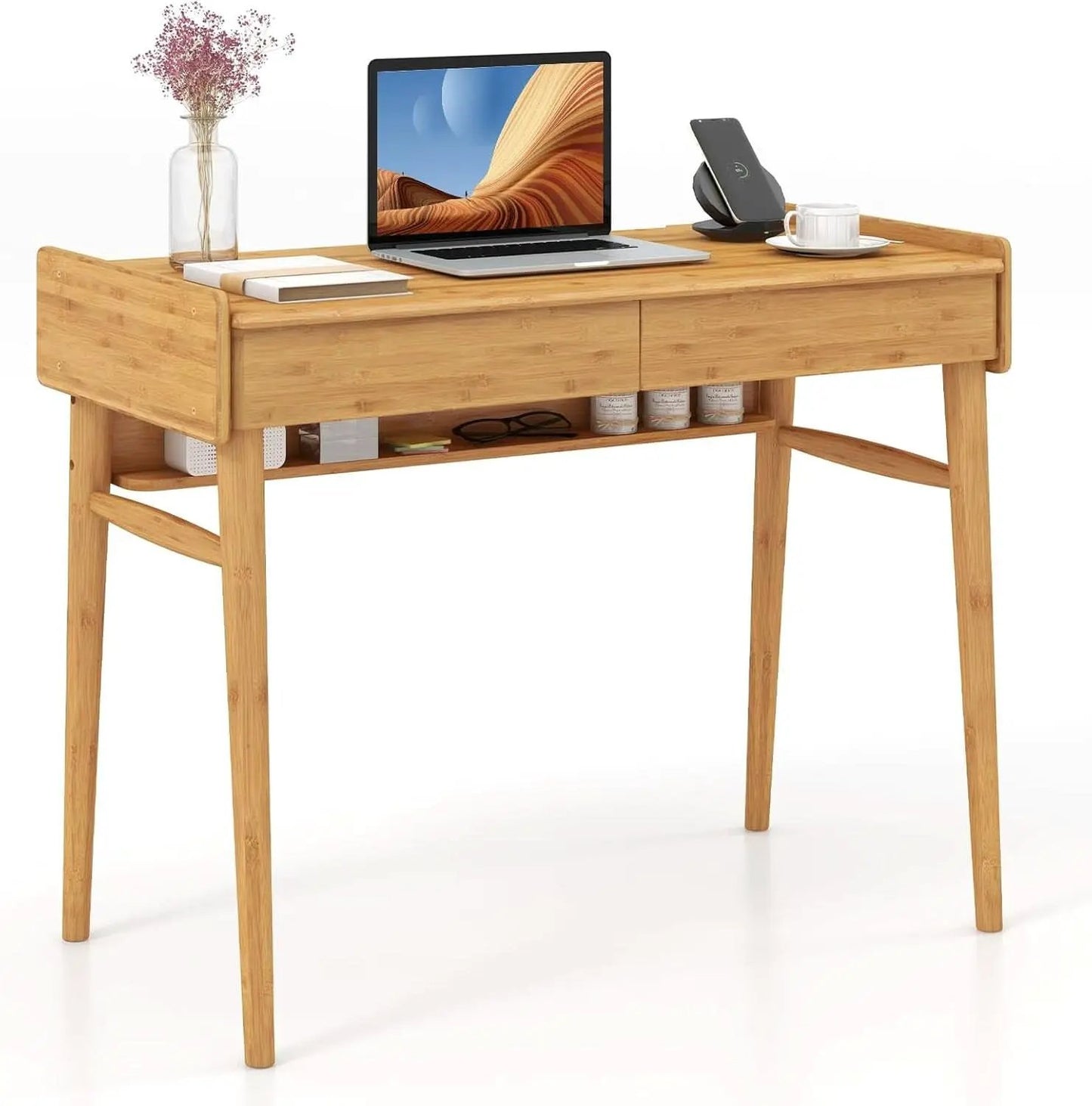Bamboo Computer Desk with Drawers and Open Shelf from PriceLows™