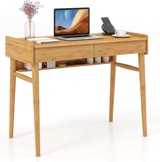 Bamboo Computer Desk with Drawers and Open Shelf from PriceLows™