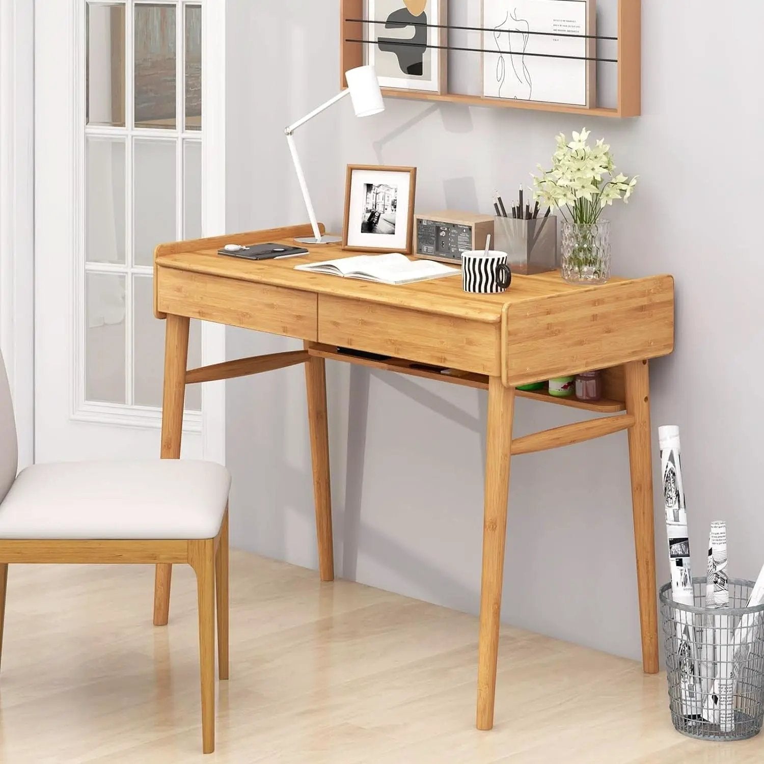 Bamboo Computer Desk with Drawers and Open Shelf from PriceLows™