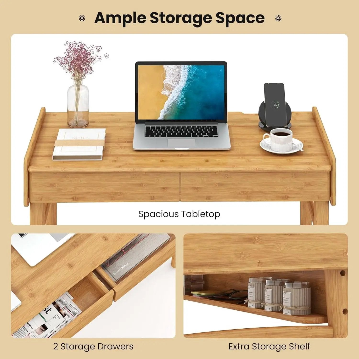 Bamboo Computer Desk with Drawers and Open Shelf from PriceLows™
