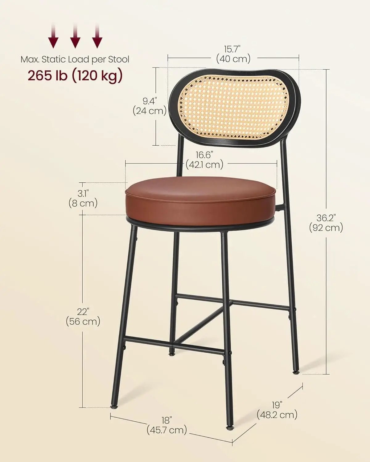 Caramel Brown Leather Bar Stools Set Of 2 25.1 Inch Tall from PriceLows™