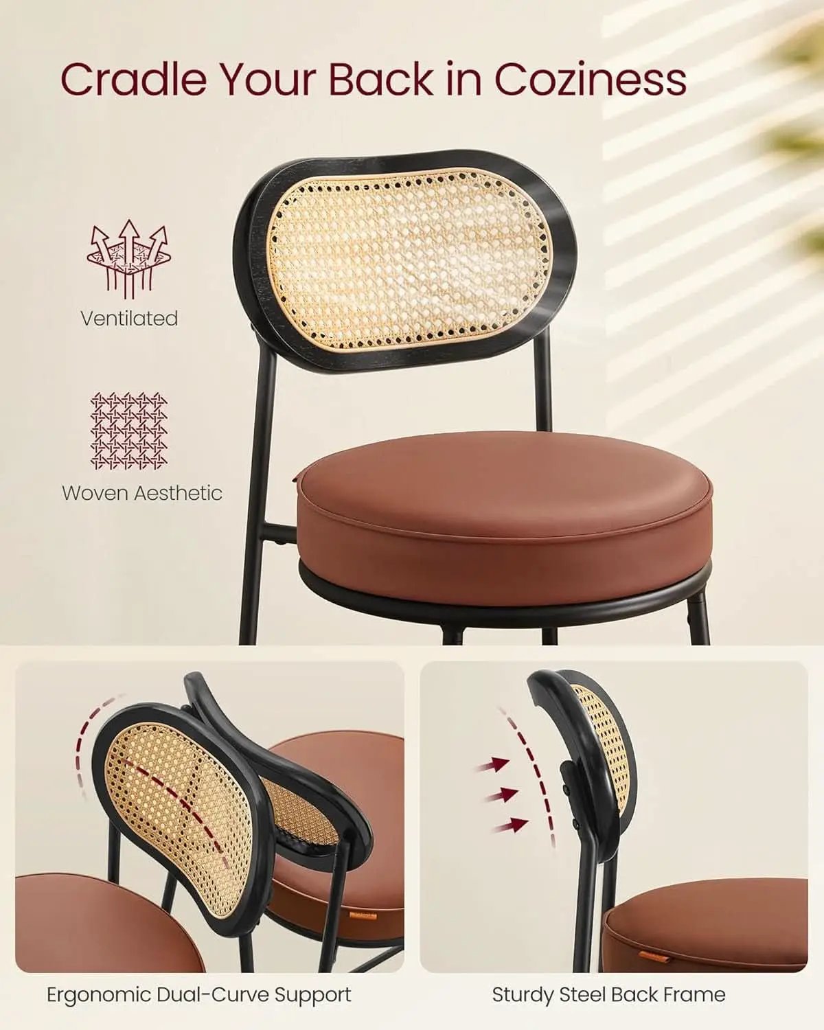 Caramel Brown Leather Bar Stools Set Of 2 25.1 Inch Tall from PriceLows™